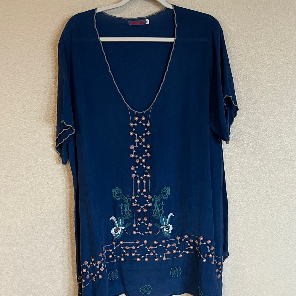 Johnny Was Deep Blue Tunic with Pink and Green Embroidery